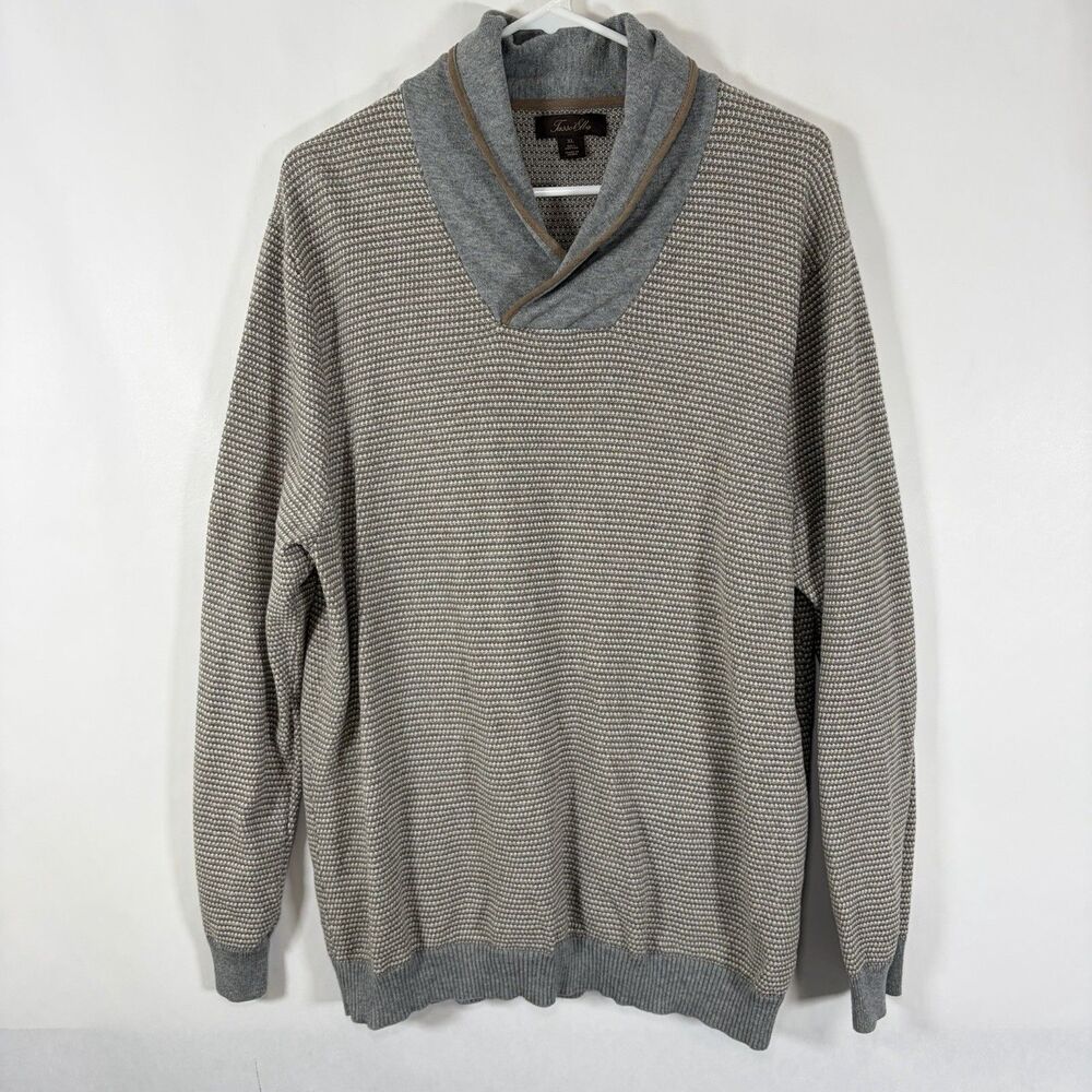 Tasso Elba Cowl Neck Sweater Mens Size XL Gray Beige Pullover 100% Cotton